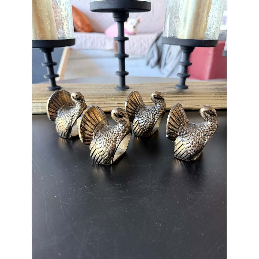 Brass Turkey Napkin Rings Set of 4 | Elegant Thanksgiving Table Decor - Picture 2 of 10
